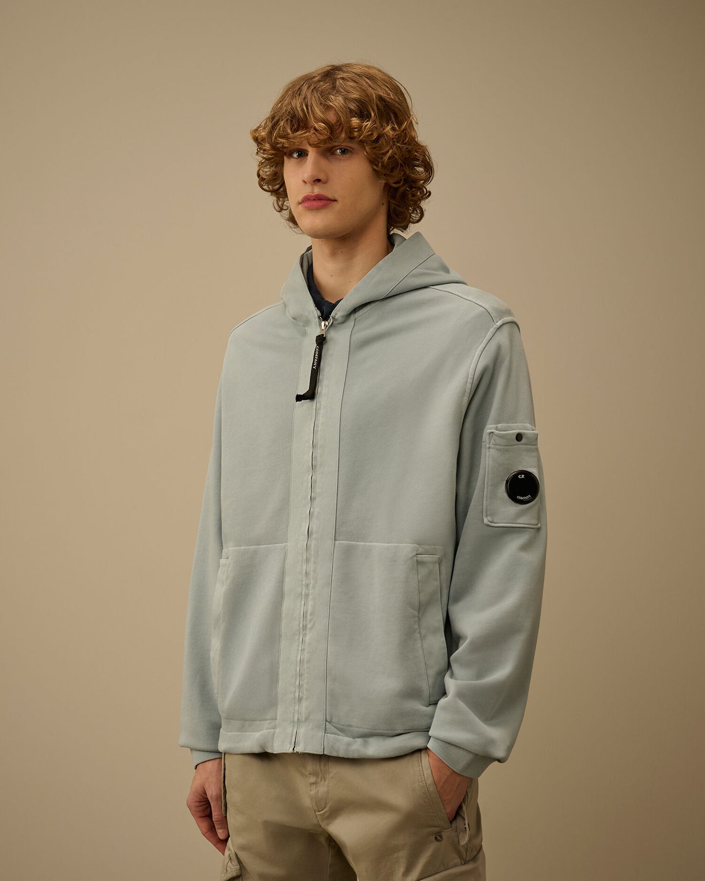 Cotton Diagonal Fleece Zip Hooded Sweatshirt, SILVER BLUE