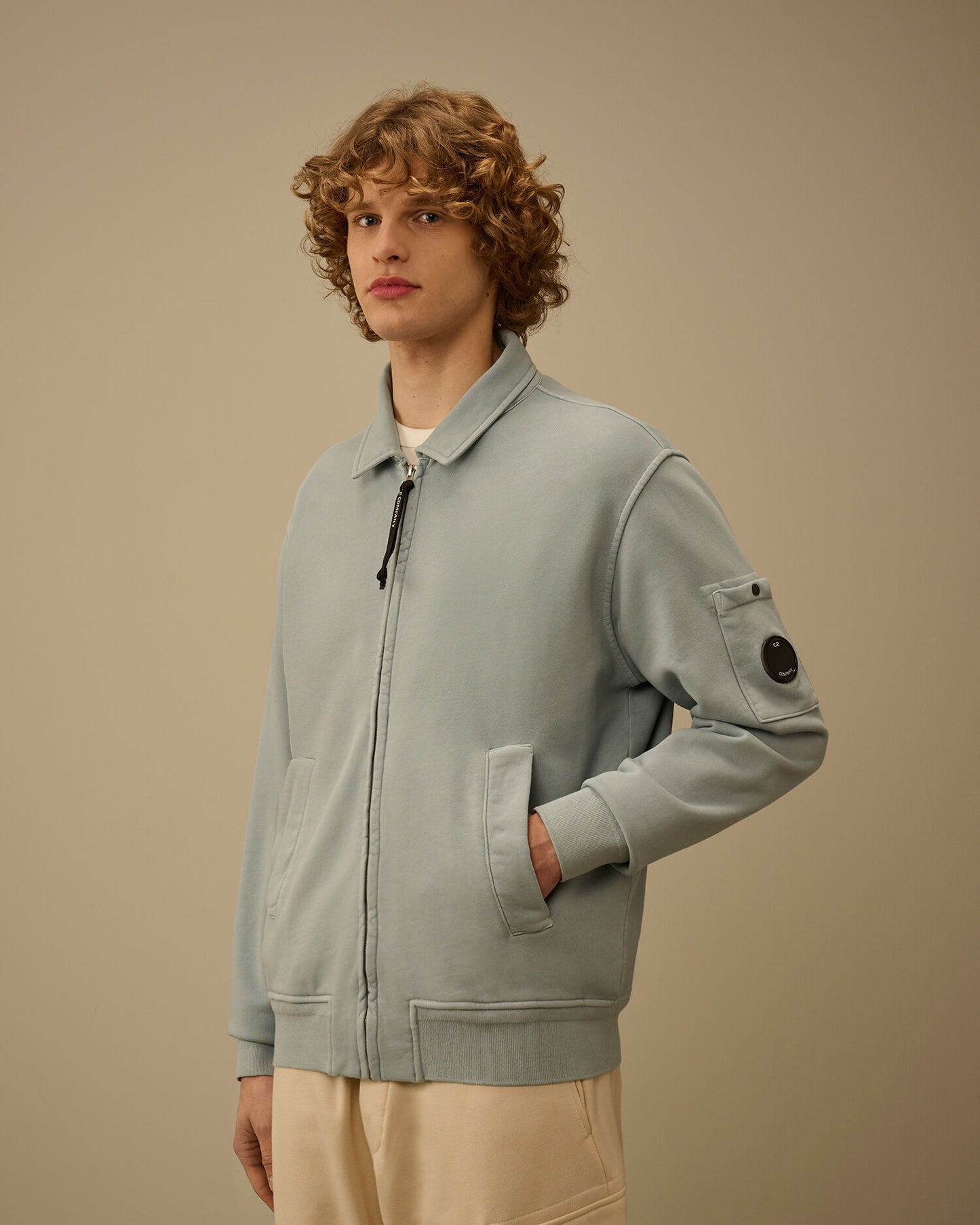 Cotton Diagonal Fleece Zip Lens Sweatshirt, SILVER BLUE