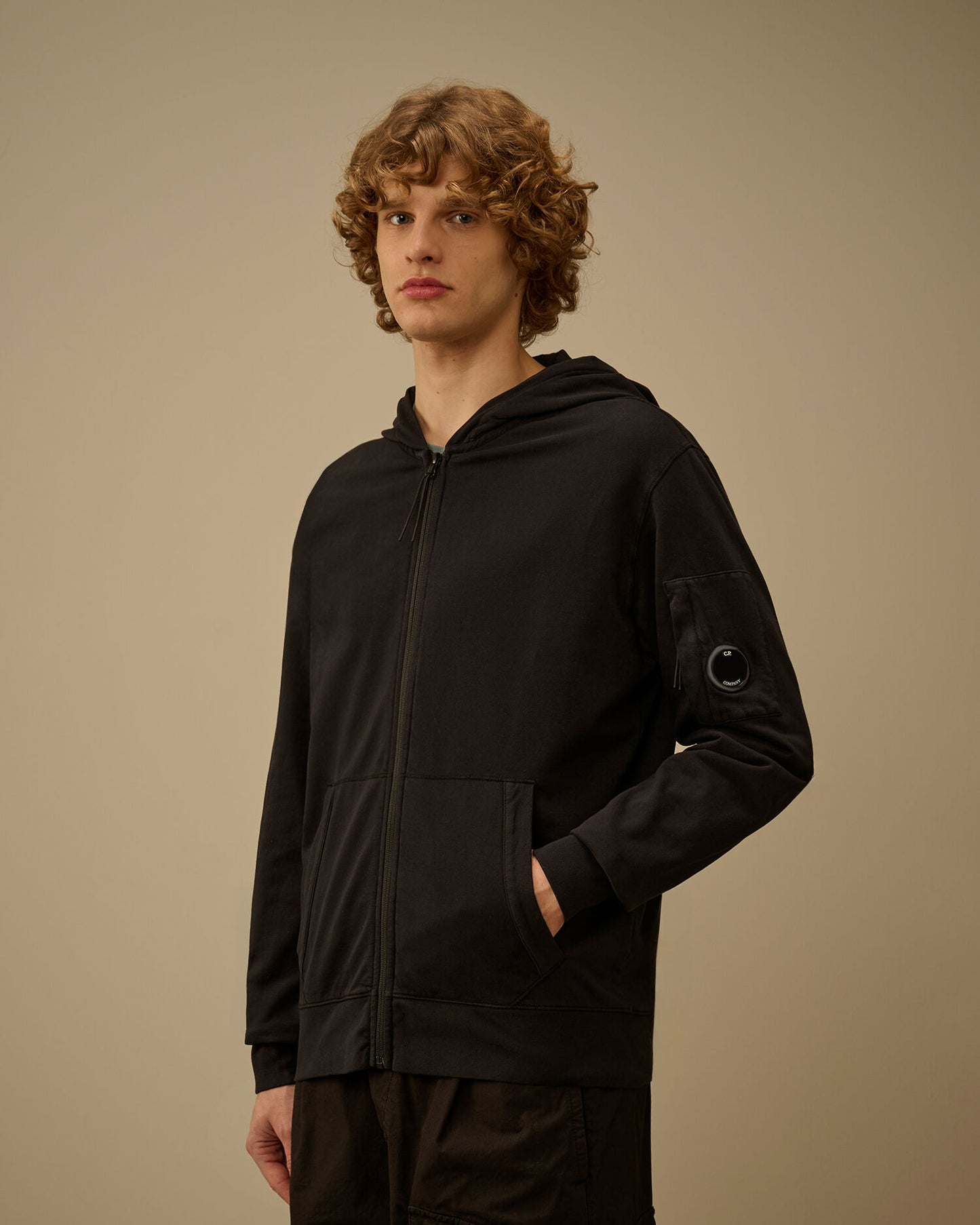Light Fleece Zip Hooded Lens Sweatshirt, BLACK
