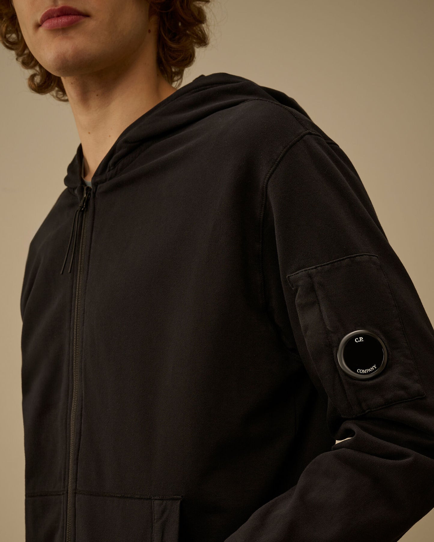 Light Fleece Zip Hooded Lens Sweatshirt, BLACK