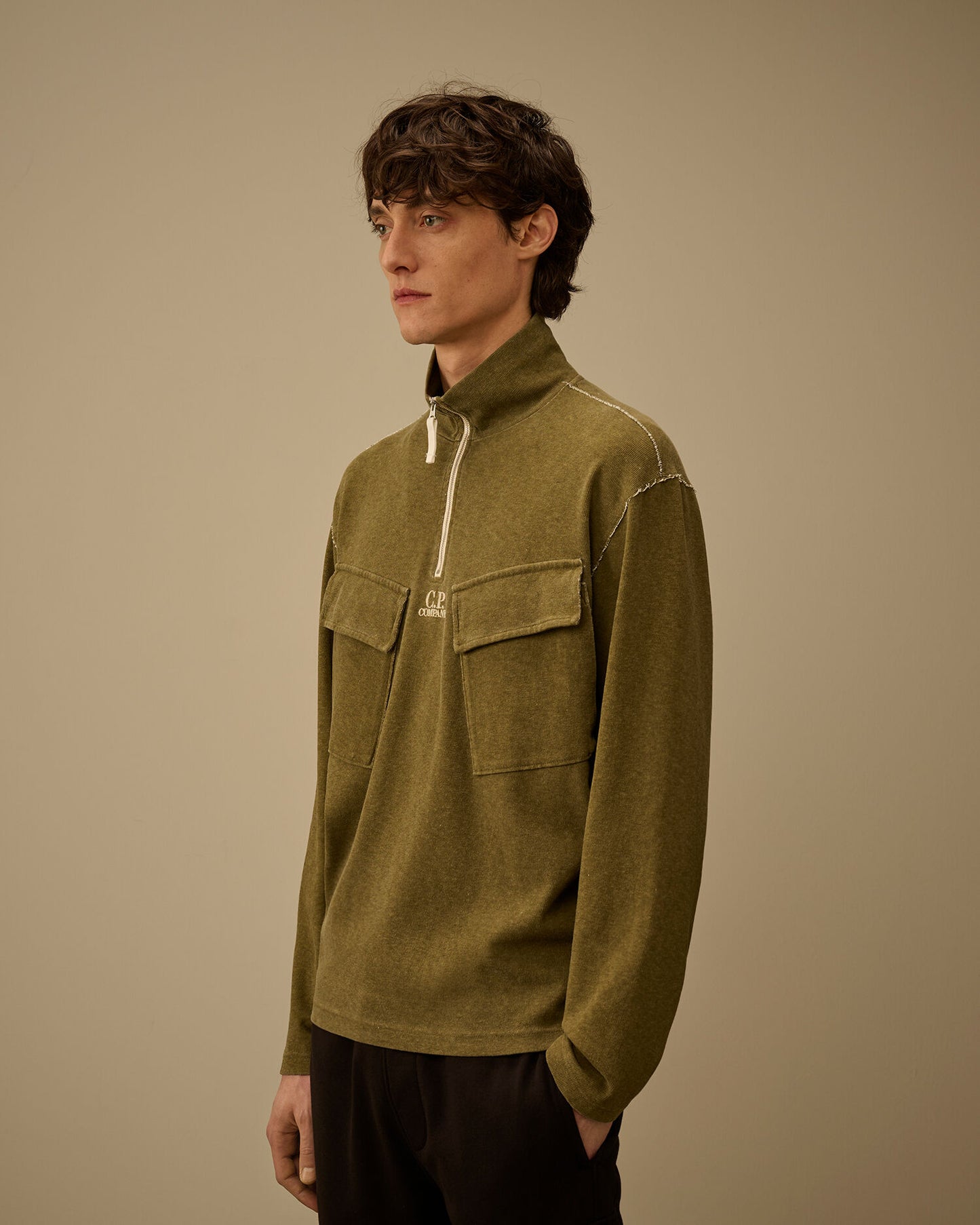 Heavy Jersey Plated Half Zip Sweatshirt, DRIED HERB - GREEN