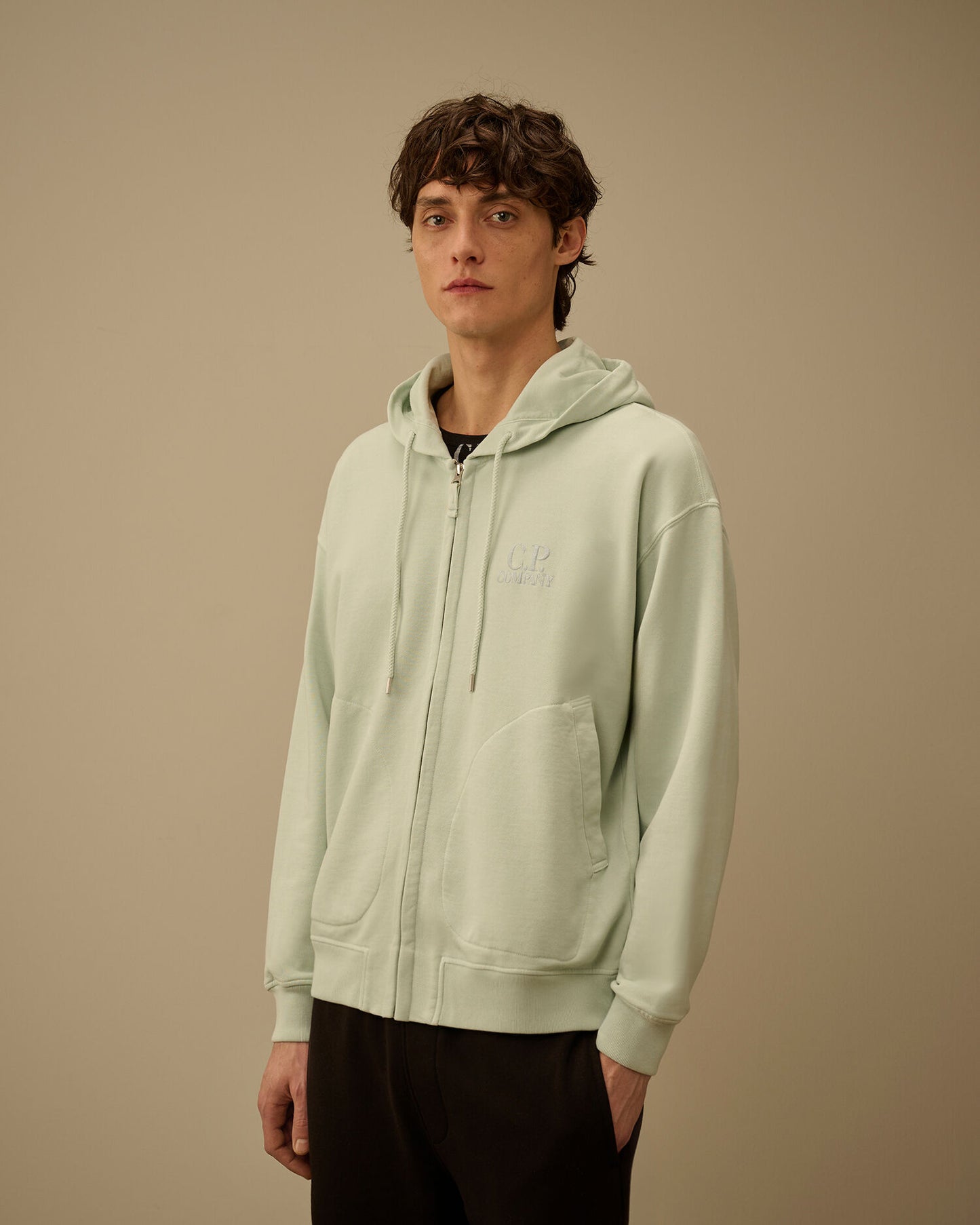 Diagonal Fleece Boxy Zip Hooded Sweatshirt, MISTY BLUE