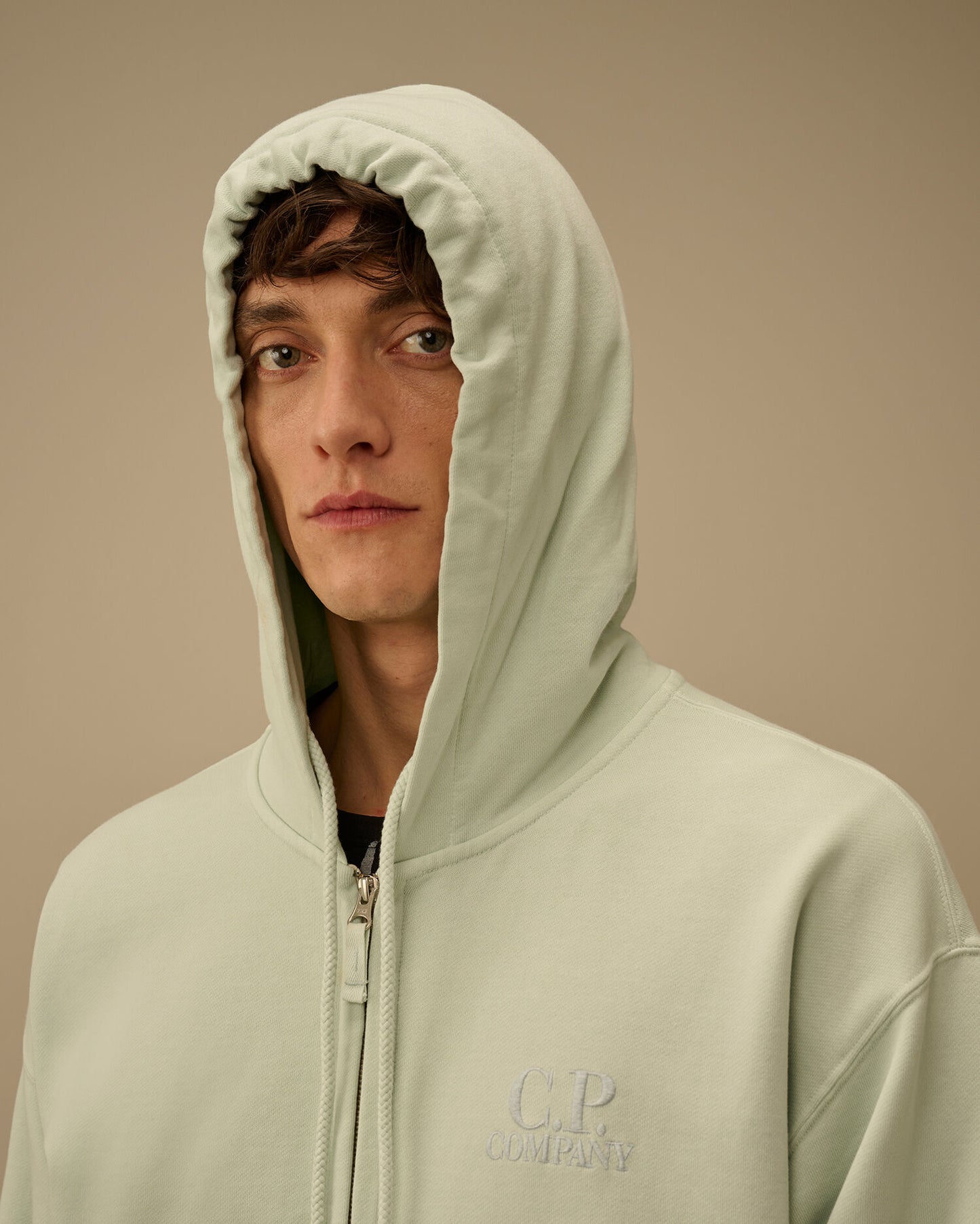 Diagonal Fleece Boxy Zip Hooded Sweatshirt, MISTY BLUE