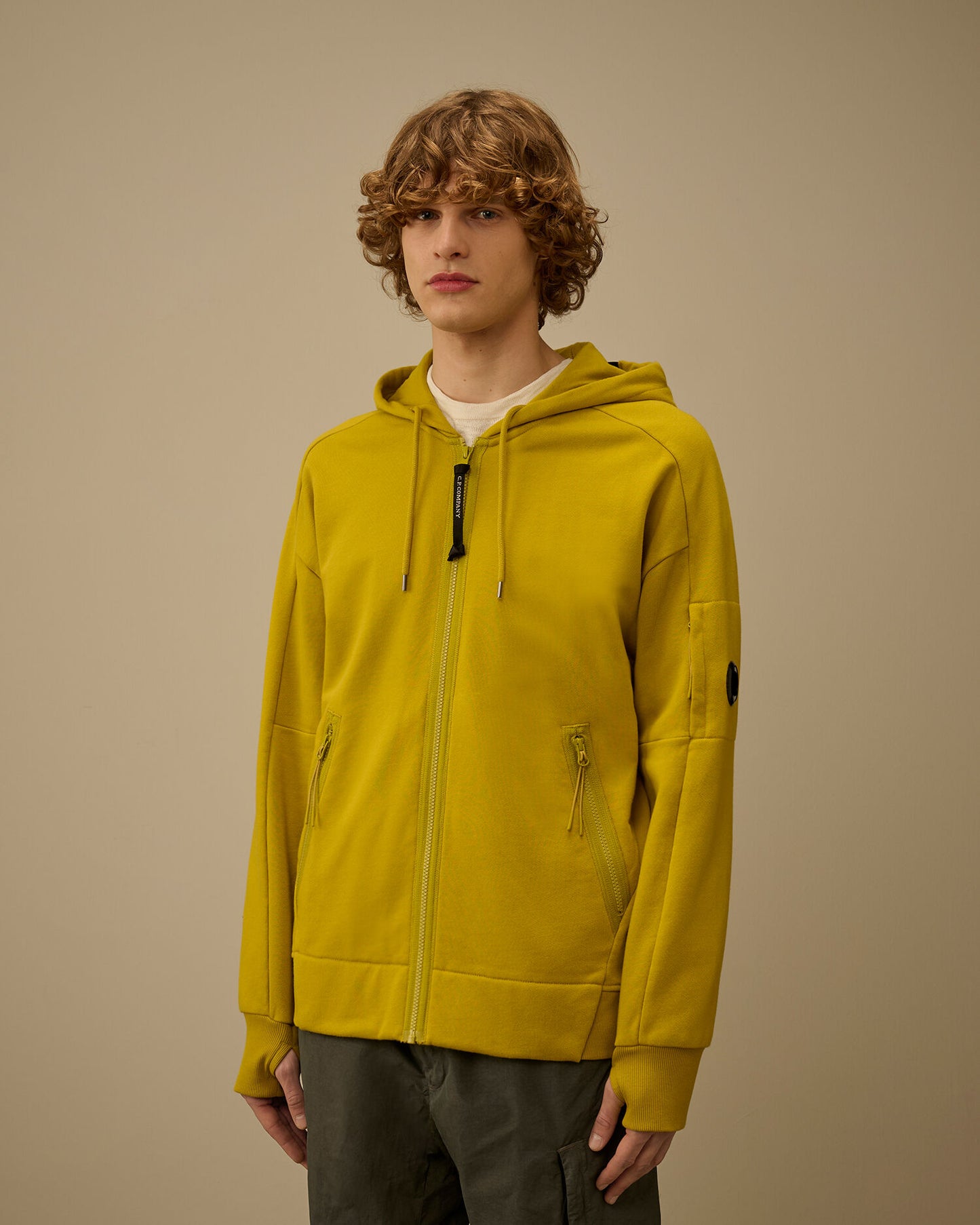 Diagonal Raised Fleece Zip Hooded Lens Sweatshirt, ANTIQUE MOSS -YELLOW