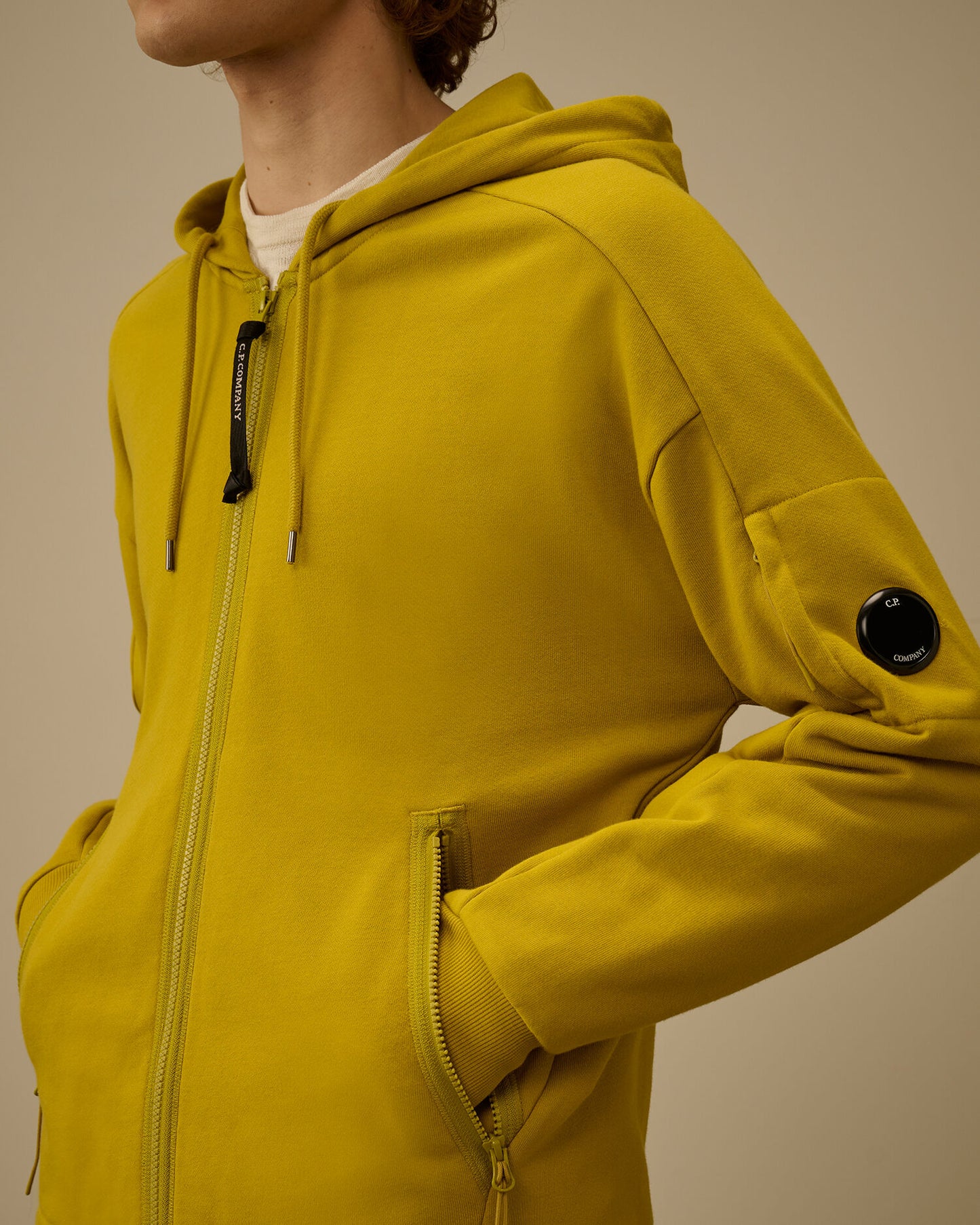 Diagonal Raised Fleece Zip Hooded Lens Sweatshirt, ANTIQUE MOSS -YELLOW