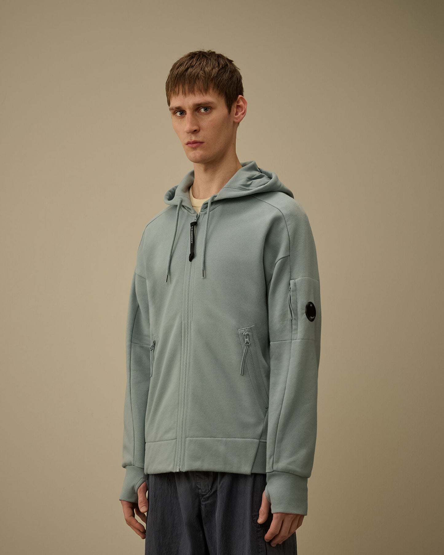 Diagonal Raised Fleece Zip Hooded Lens Sweatshirt, SILVER BLUE