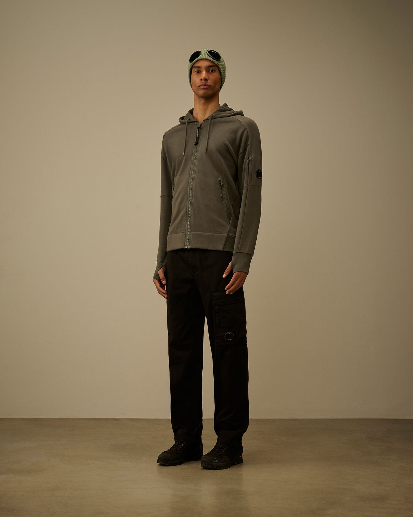 Diagonal Raised Fleece Zip Hooded Lens Sweatshirt, GUNMETAL - GREY