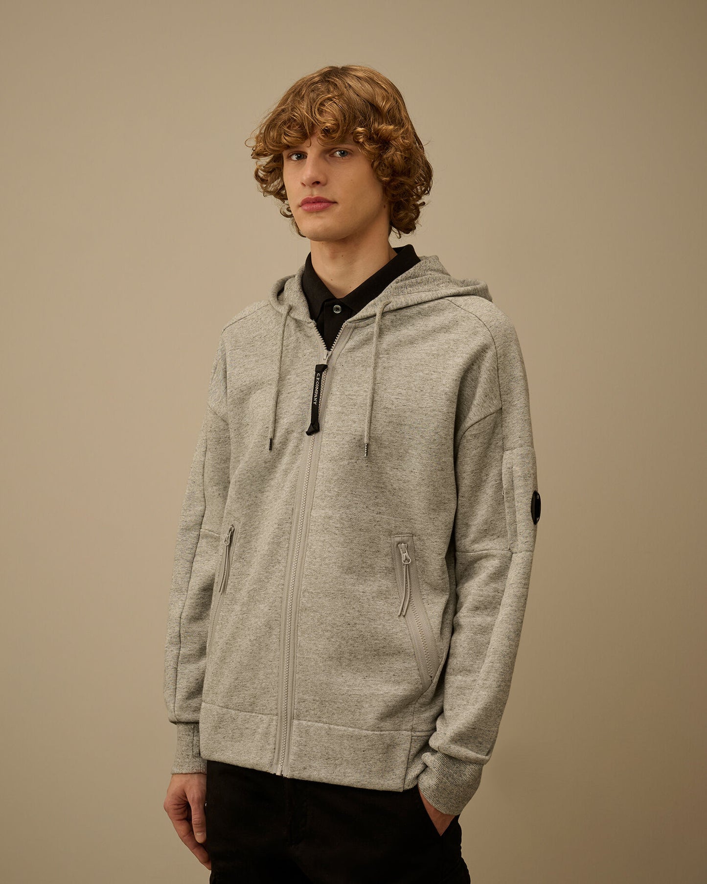 Diagonal Raised Fleece Zip Hooded Lens Sweatshirt, GREYSTONE MELANGE